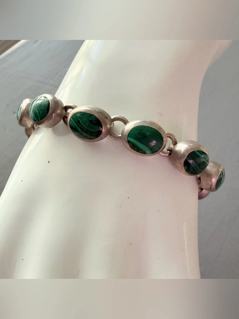 Mexico 925 Sterling Silver Green Malachite Silver Link Bracelet